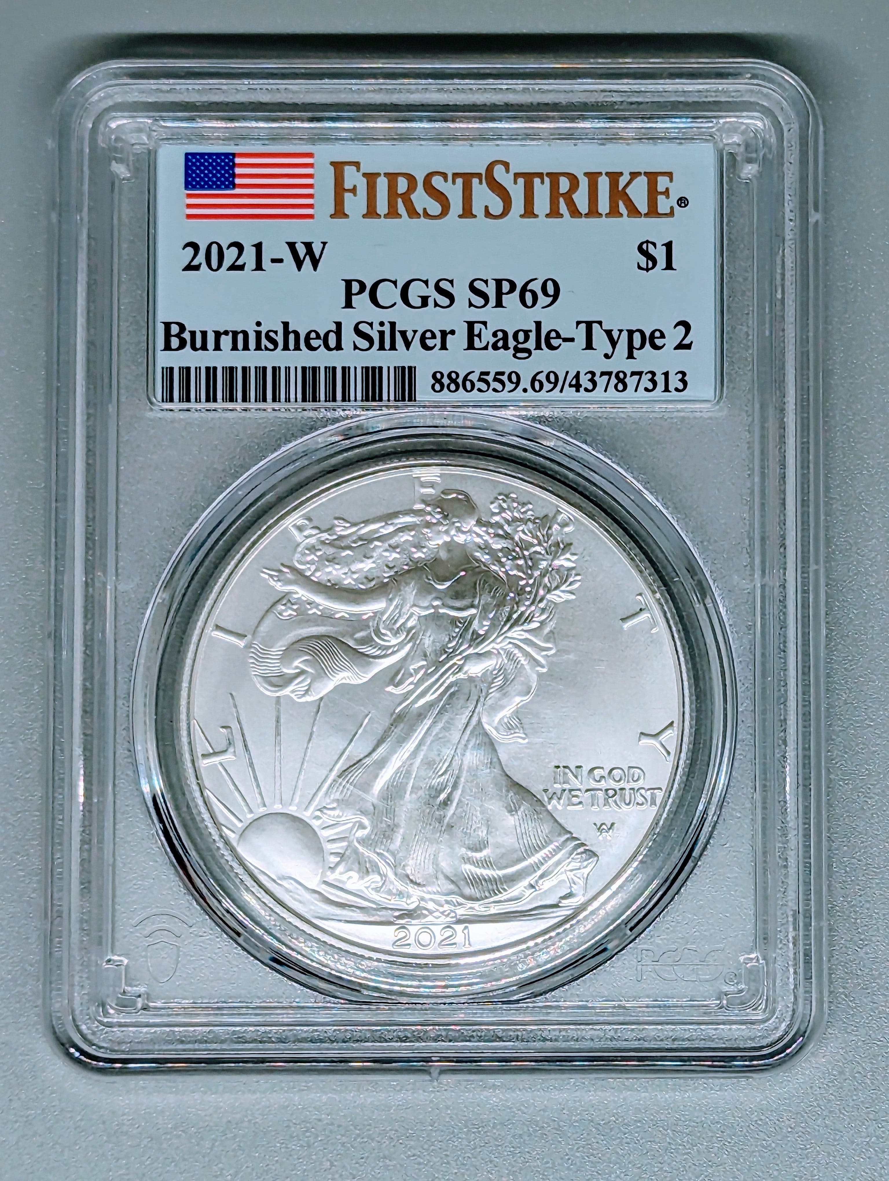 2021-W $1 Burnished American Eagle Silver Proof Coin- SP69 - First Strike — view 3