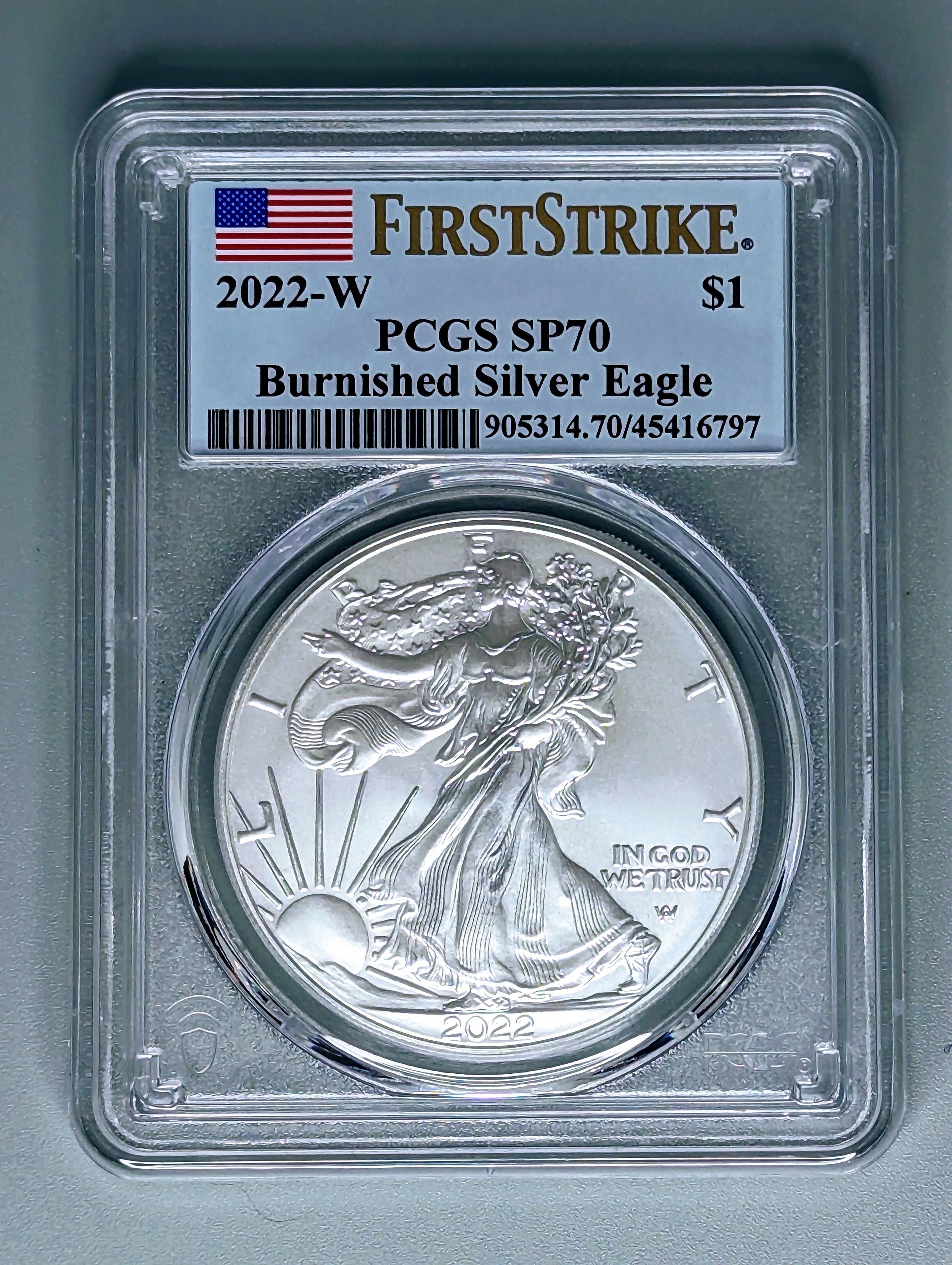 2022-W Burnished Silver Eagle Uncirculated Coin - SP70 PCGS - Frist Strike — view 4