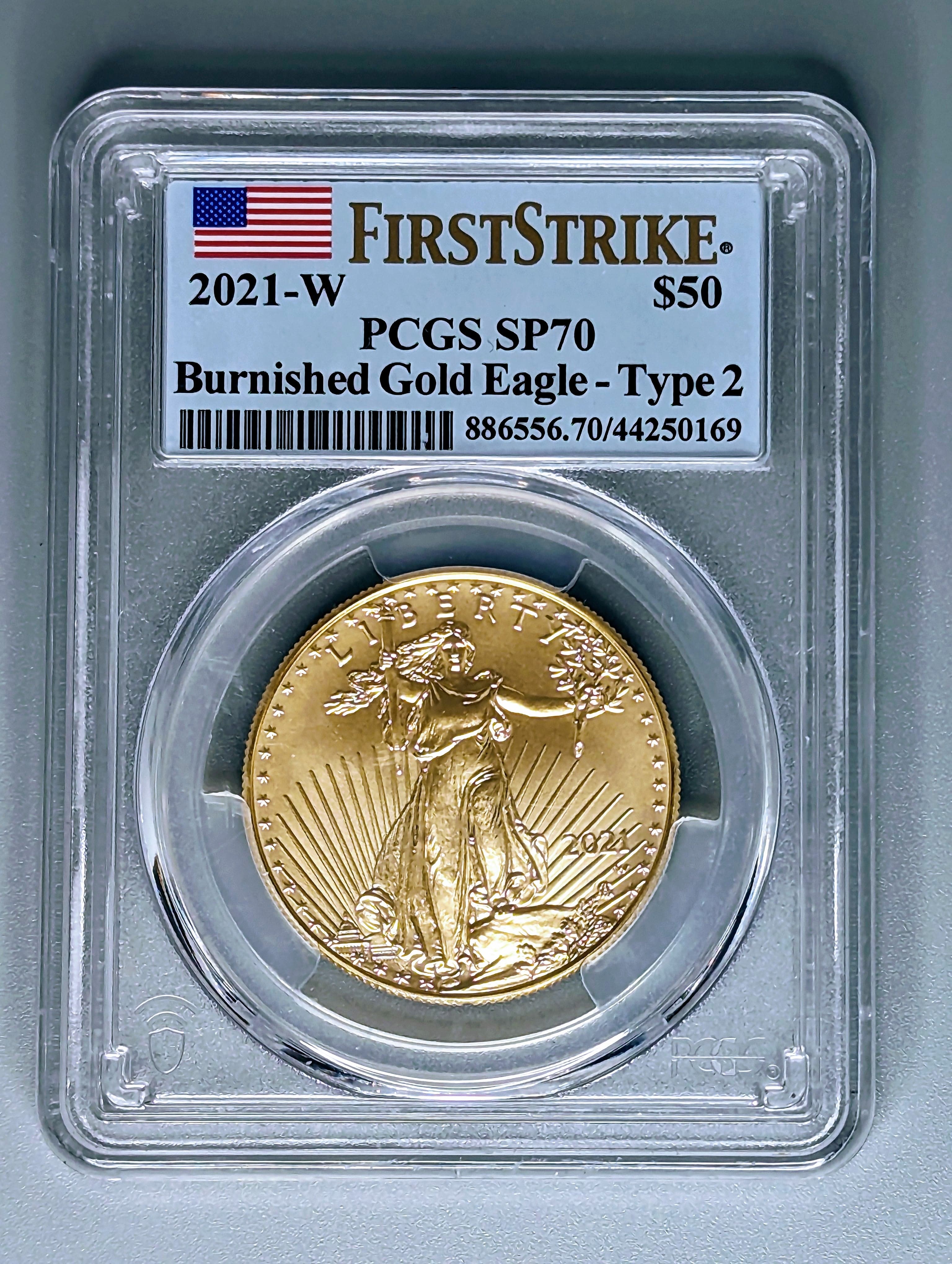 2021-W Burnished Gold Eagle Coin, Type 2 - SP70 PCGS - First Strike — view 4