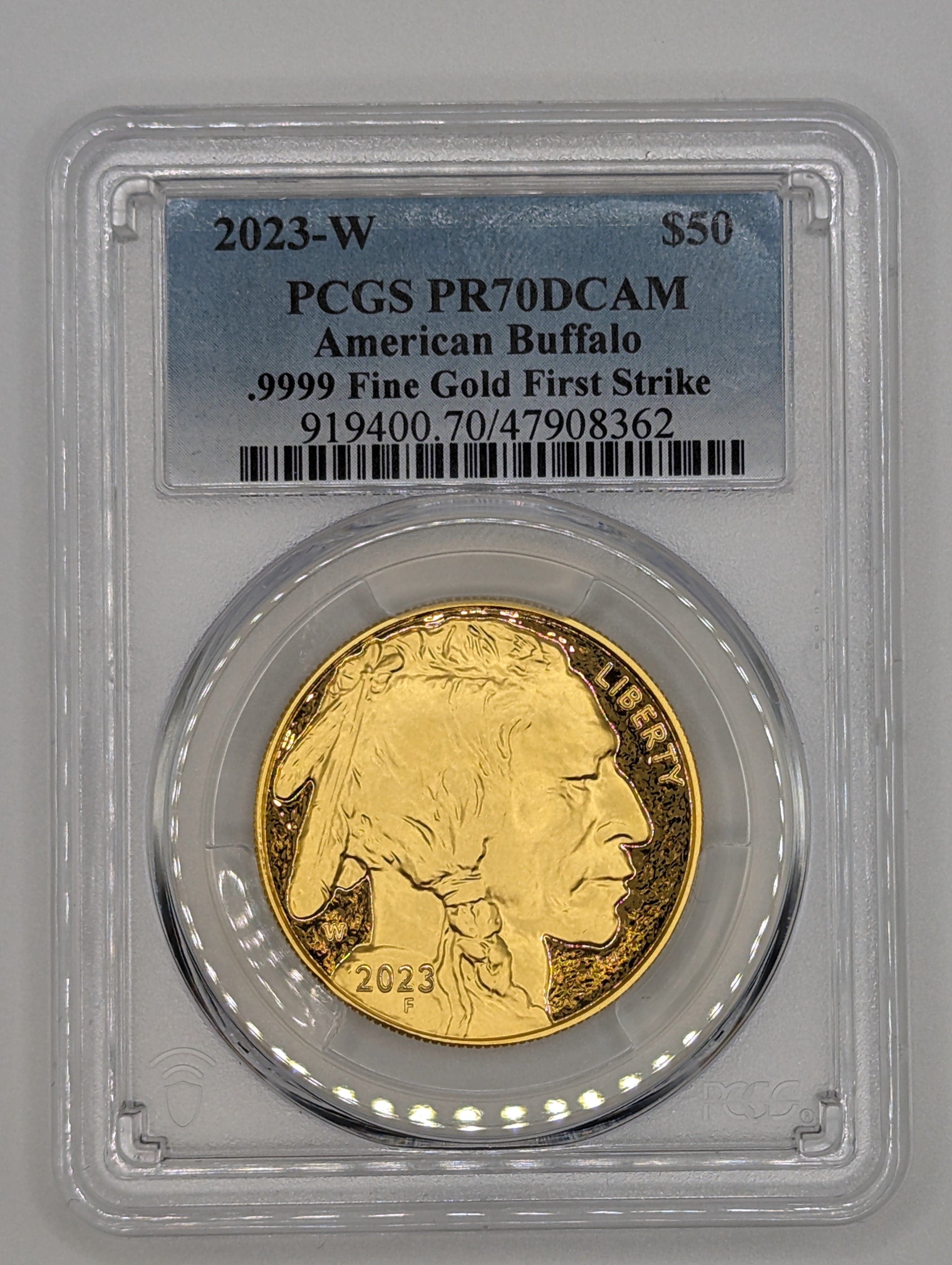 Front view of the 2023 $50 Gold Buffalo Coin graded PR70 DCAM by PCGS, First Strike.